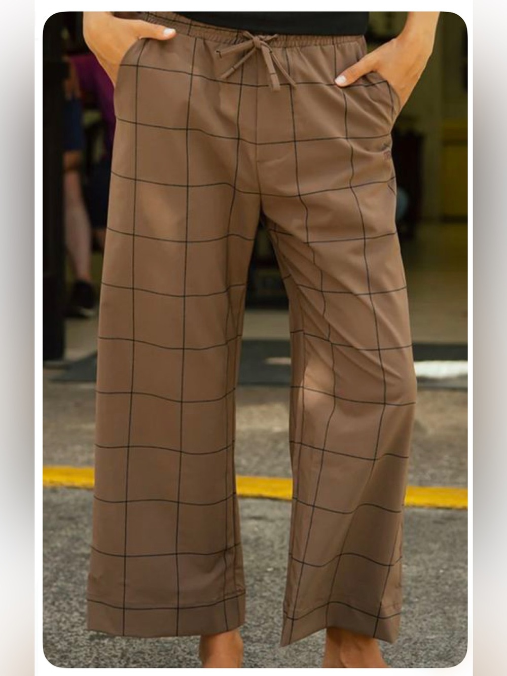 Albion Fit Audrey mid rise wide leg cropped pant brown & black windopane check S
